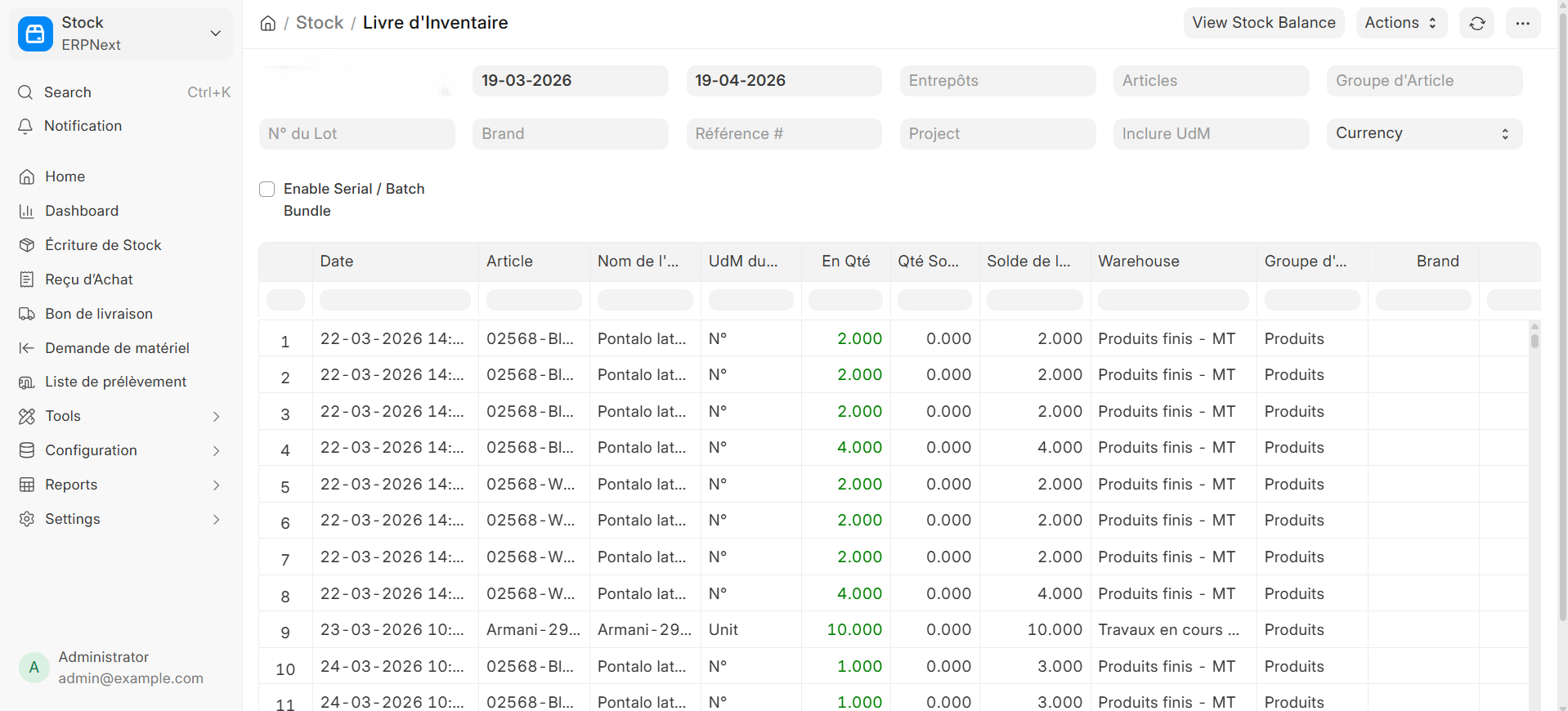 Inventory ledger and stock management